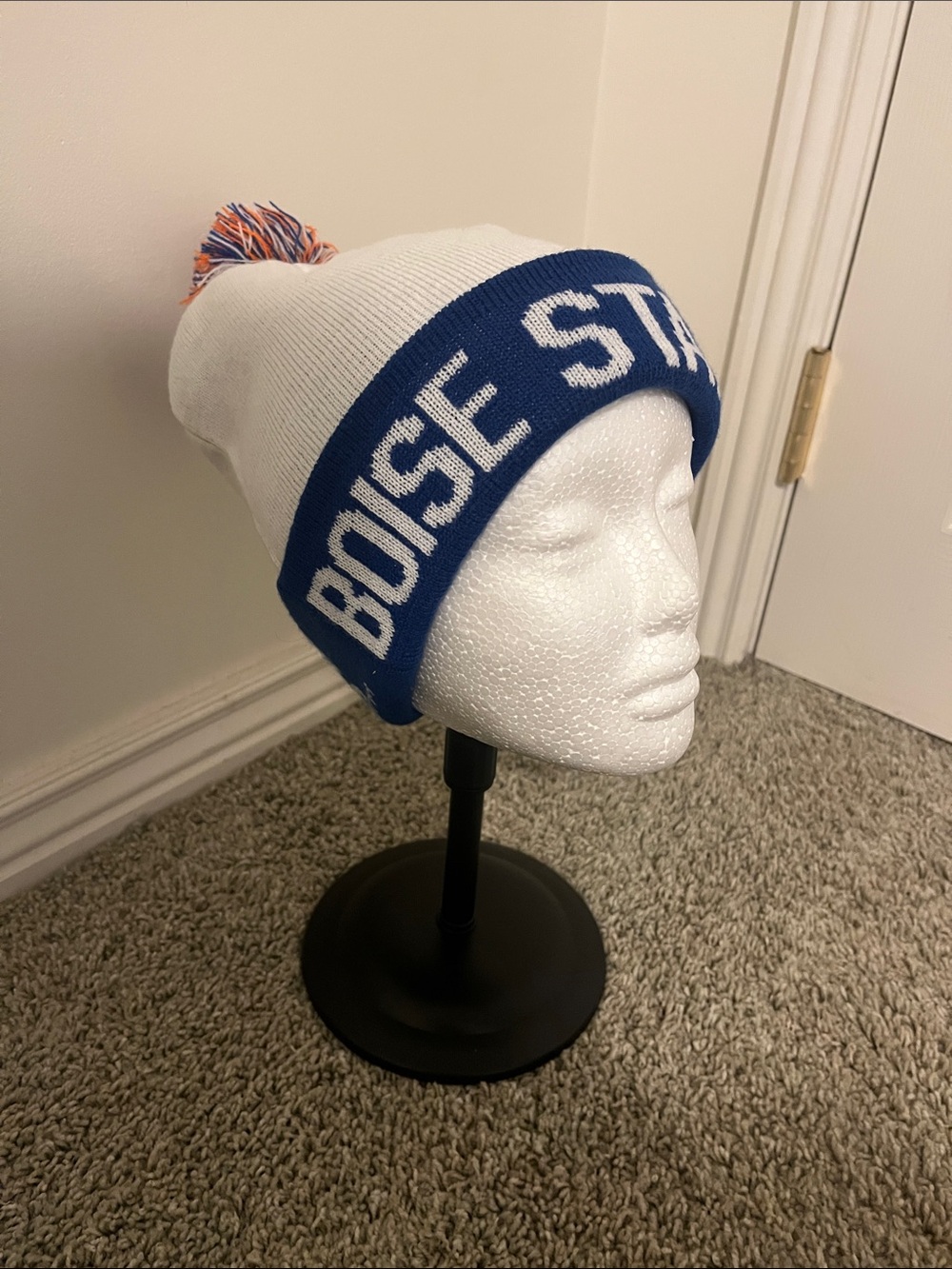 Top of the World White & Blue Knit Beanie with Orange Pom Boise St